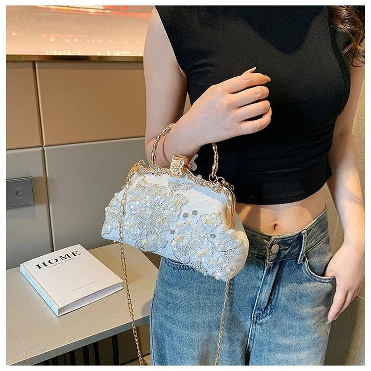 Hand-Embroidered Evening Clutch Pearl Rhinestone White Lace Gold Shoulder Strap