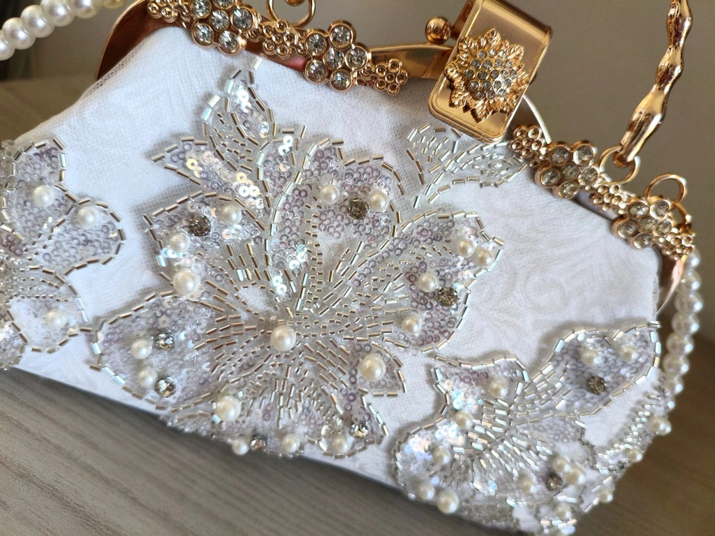 Hand-Embroidered Evening Clutch Pearl Rhinestone White Lace Gold Shoulder Strap