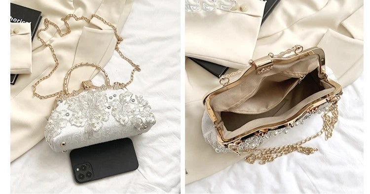 Hand-Embroidered Evening Clutch Pearl Rhinestone White Lace Gold Shoulder Strap