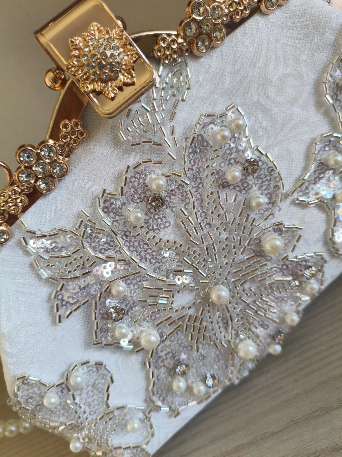 Hand-Embroidered Evening Clutch Pearl Rhinestone White Lace Gold Shoulder Strap