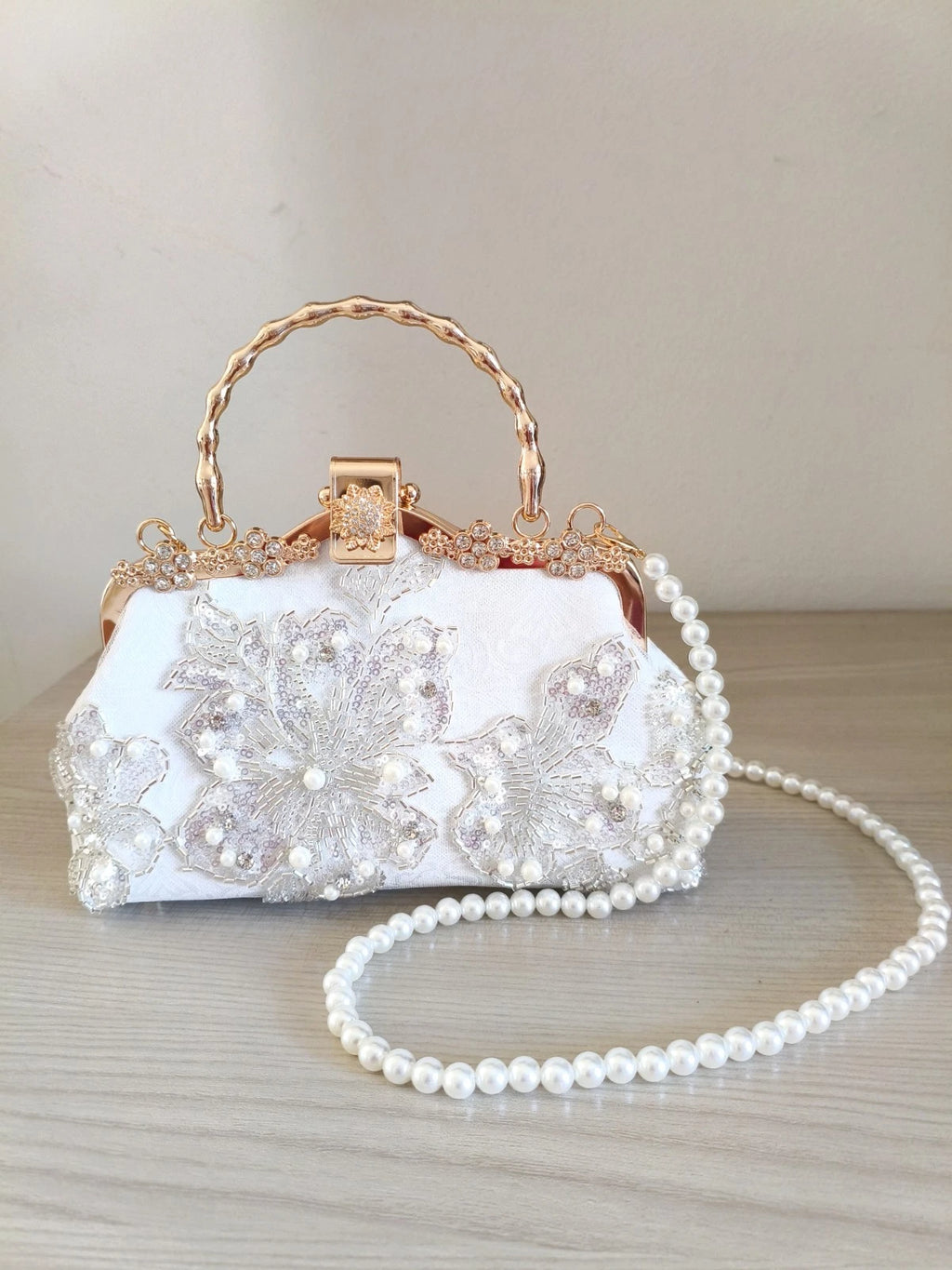Hand-Embroidered Evening Clutch Pearl Rhinestone White Lace Gold Shoulder Strap