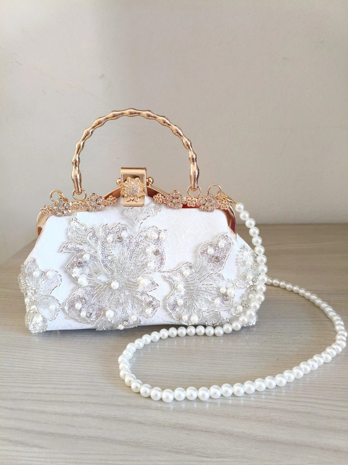 Hand-Embroidered Evening Clutch Pearl Rhinestone White Lace Gold Shoulder Strap