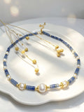 Collana artigianale giada blu naturale e perle naturale
