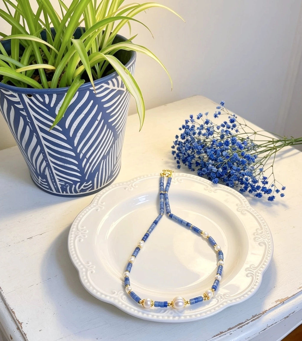 Collana artigianale giada blu naturale e perle naturale