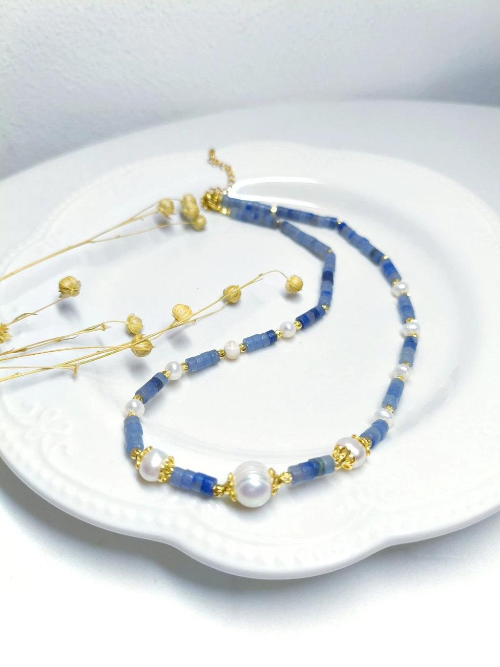 Collana artigianale giada blu naturale e perle naturale