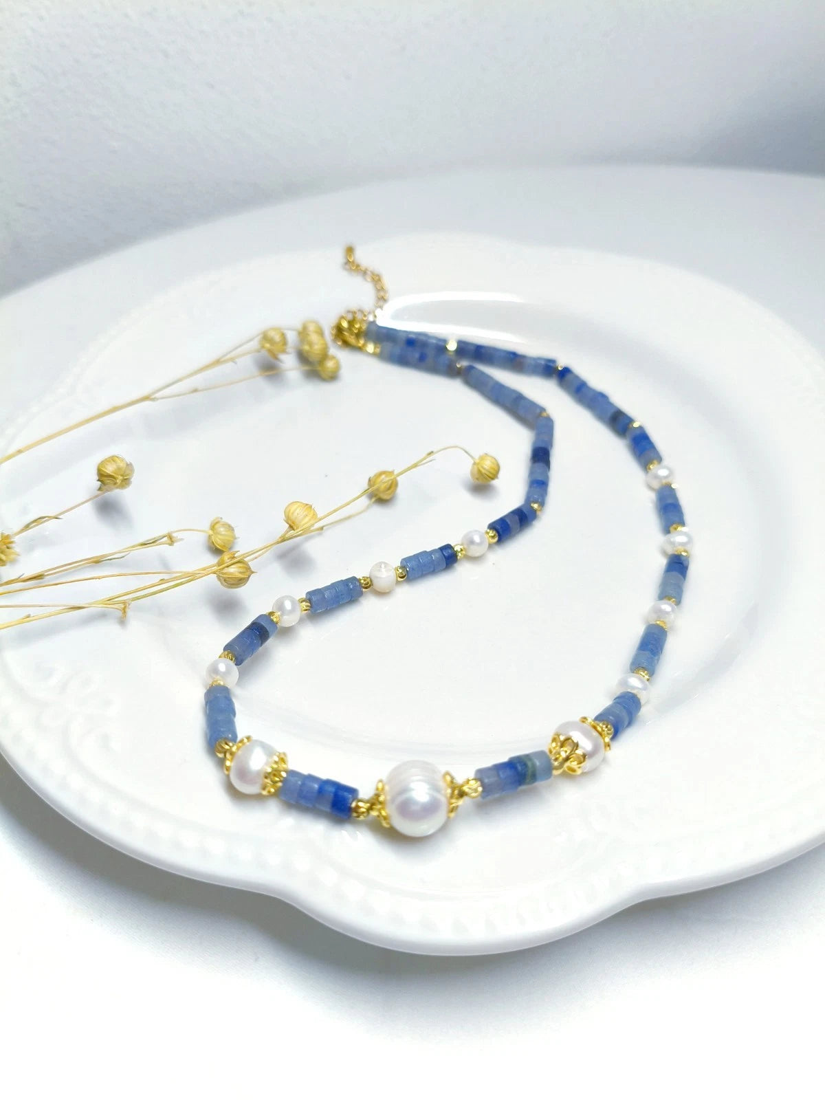 Collana artigianale giada blu naturale e perle naturale
