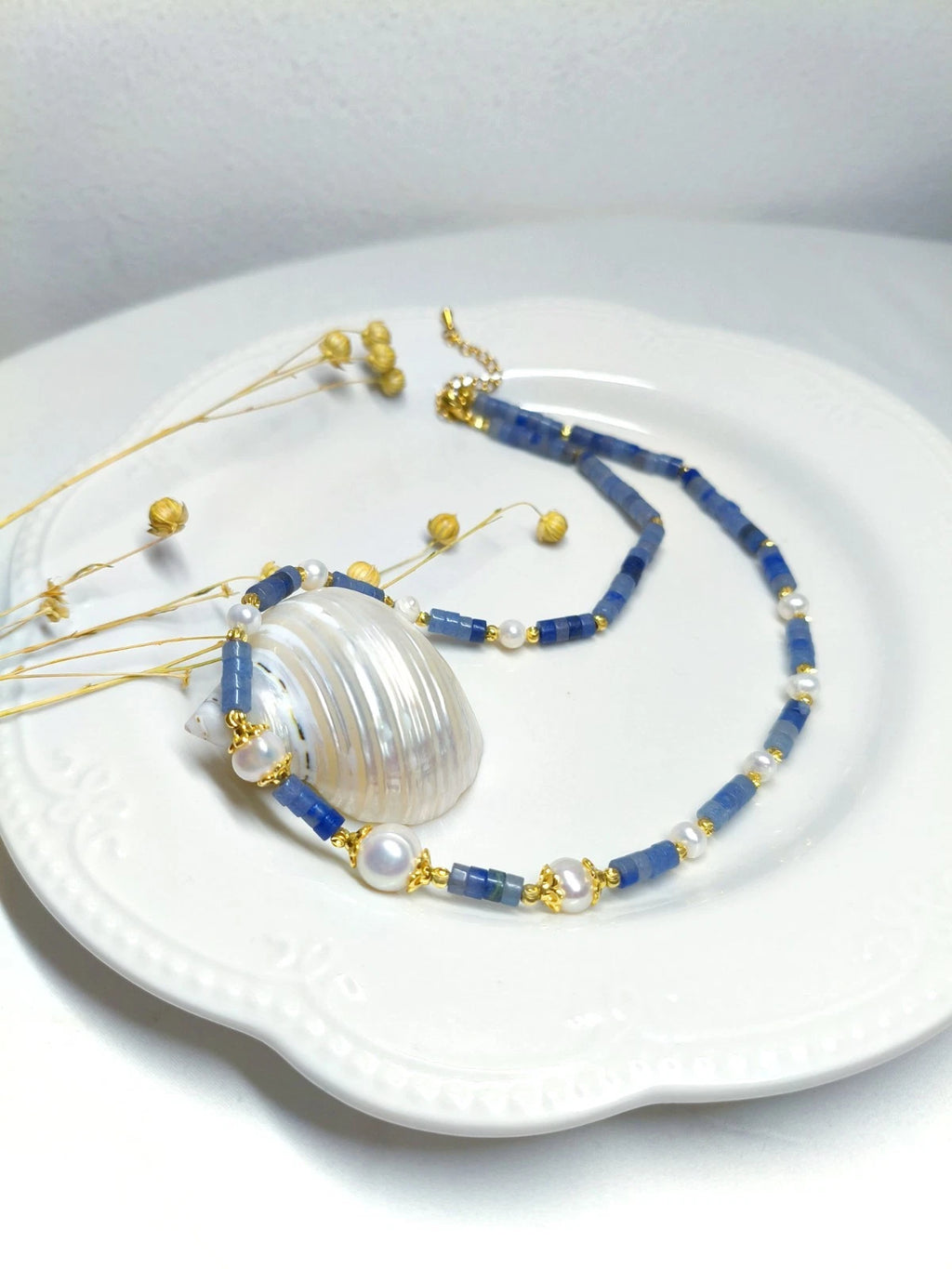 Collana artigianale giada blu naturale e perle naturale