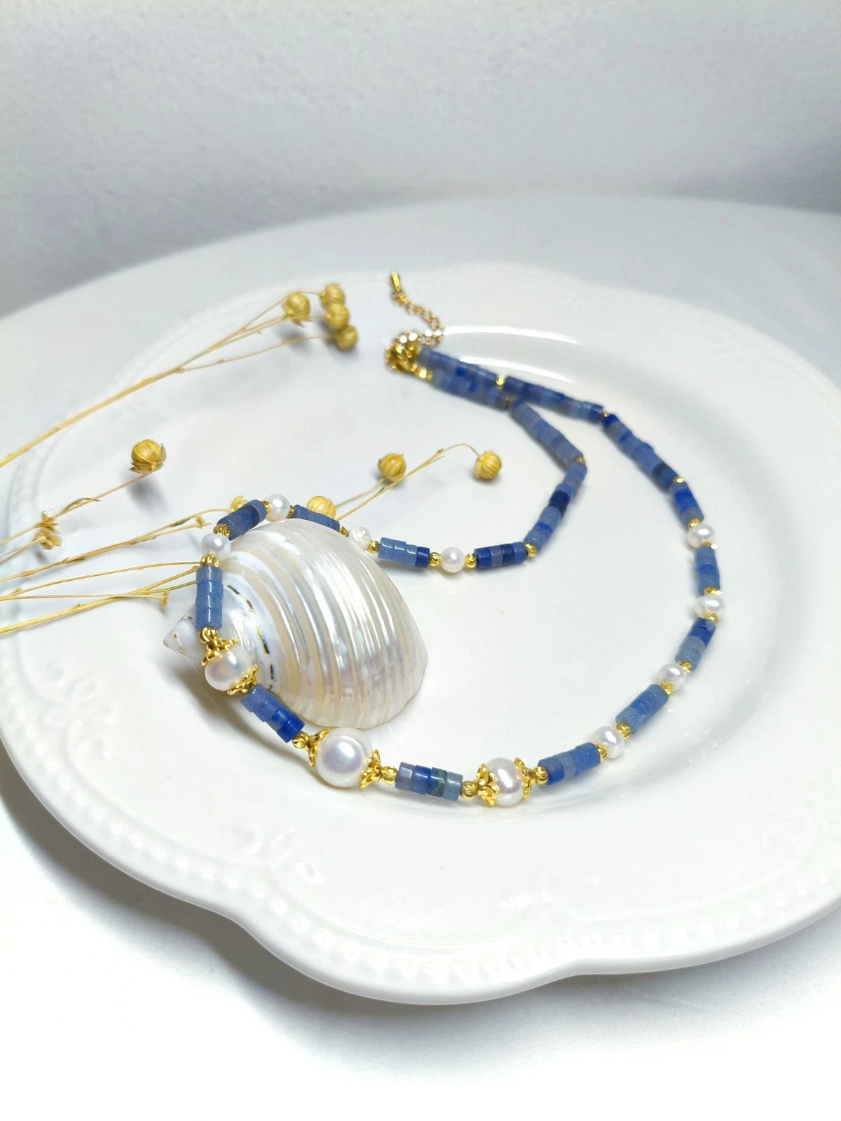 Collana artigianale giada blu naturale e perle naturale