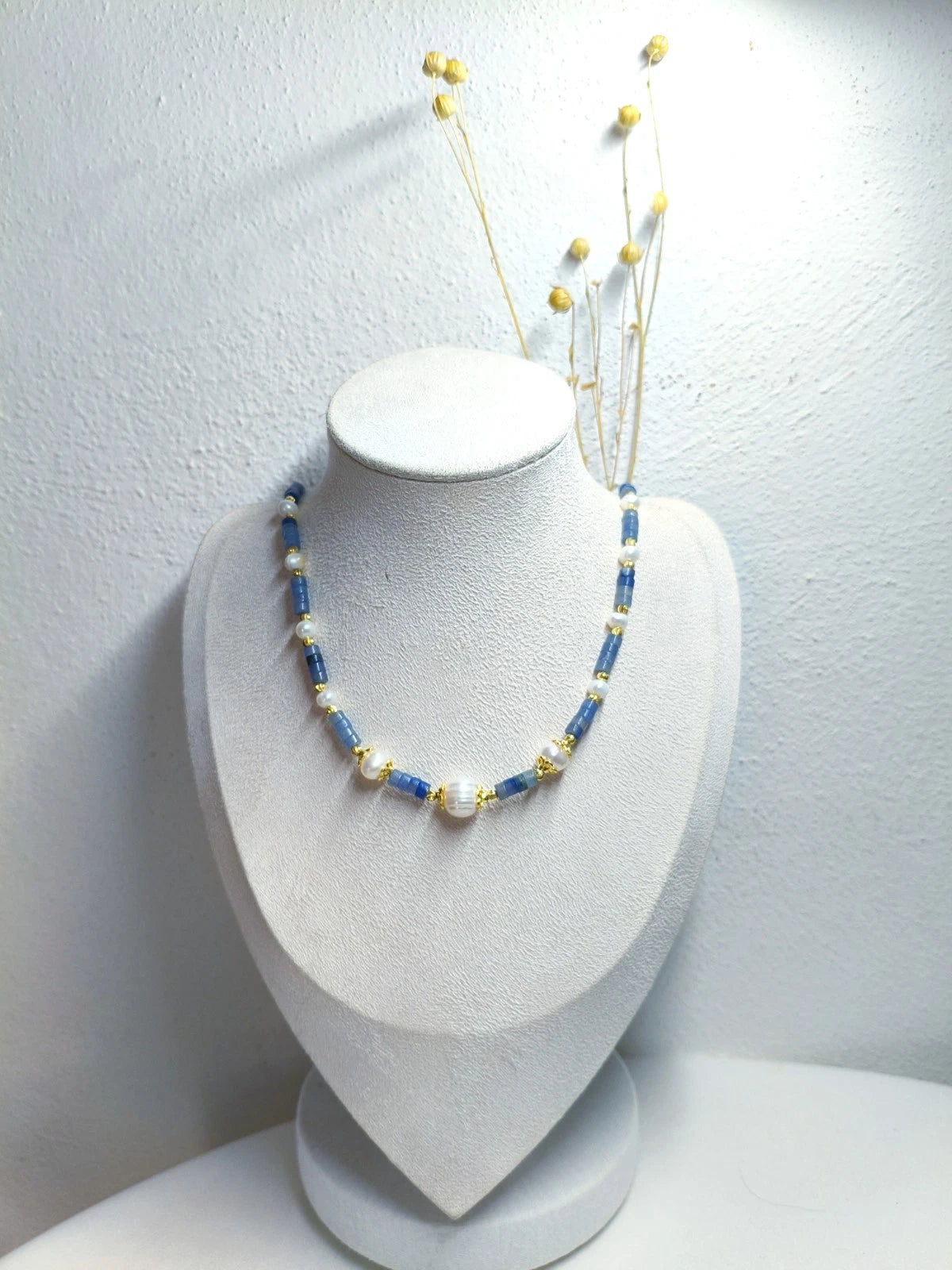 Collana artigianale giada blu naturale e perle naturale