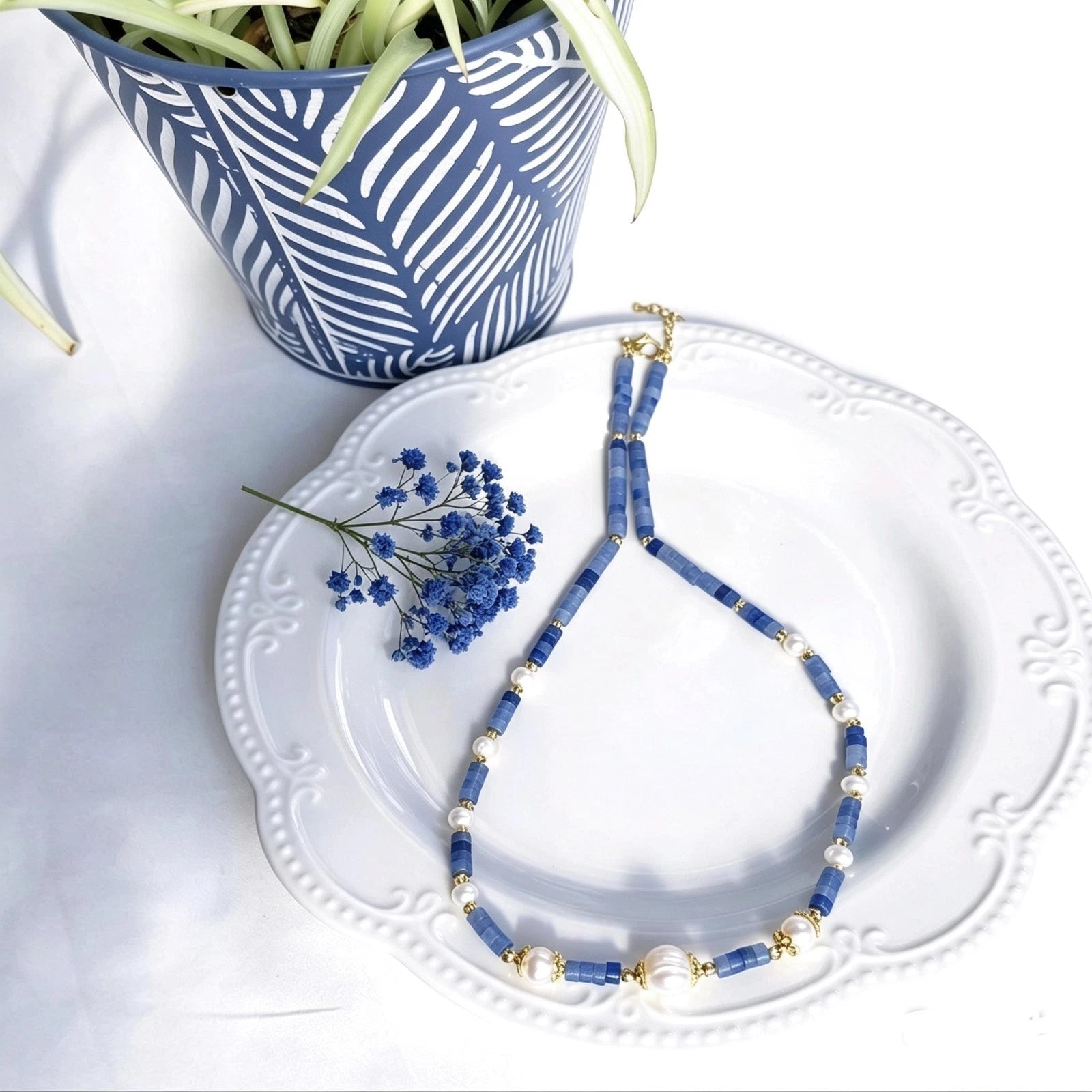 Collana artigianale giada blu naturale e perle naturale