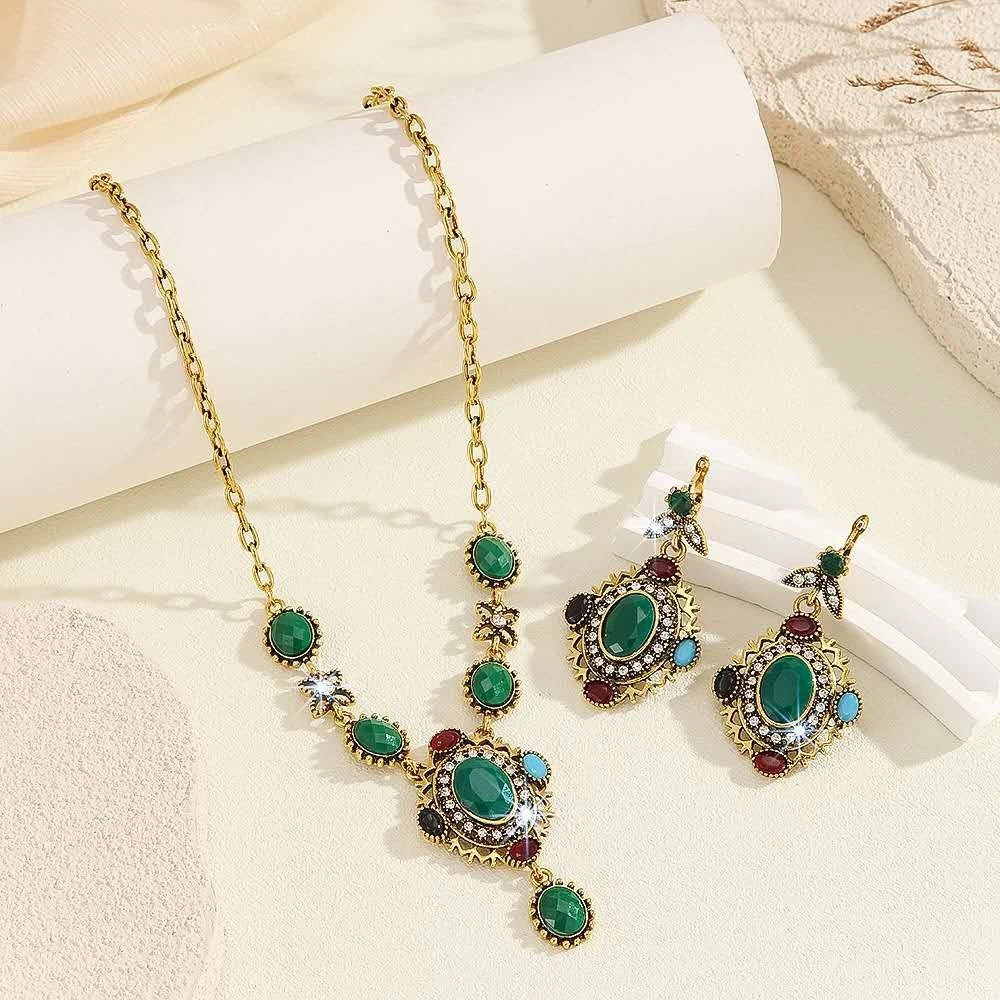 Royal Style Necklace and Earrings Set with Colorful Zircons, Hypoallergenic