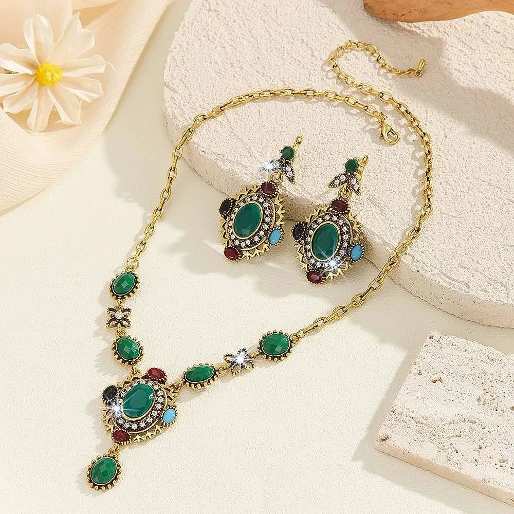 Royal Style Necklace and Earrings Set with Colorful Zircons, Hypoallergenic