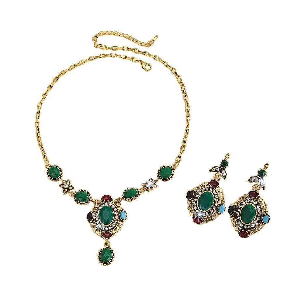 Royal Style Necklace and Earrings Set with Colorful Zircons, Hypoallergenic