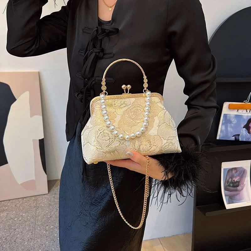 Pochette in broccato di seta floreale bianca, borsa a mano con perle