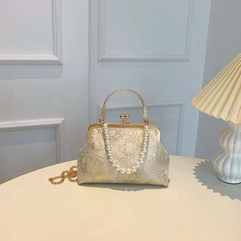Pochette in broccato di seta floreale bianca, borsa a mano con perle