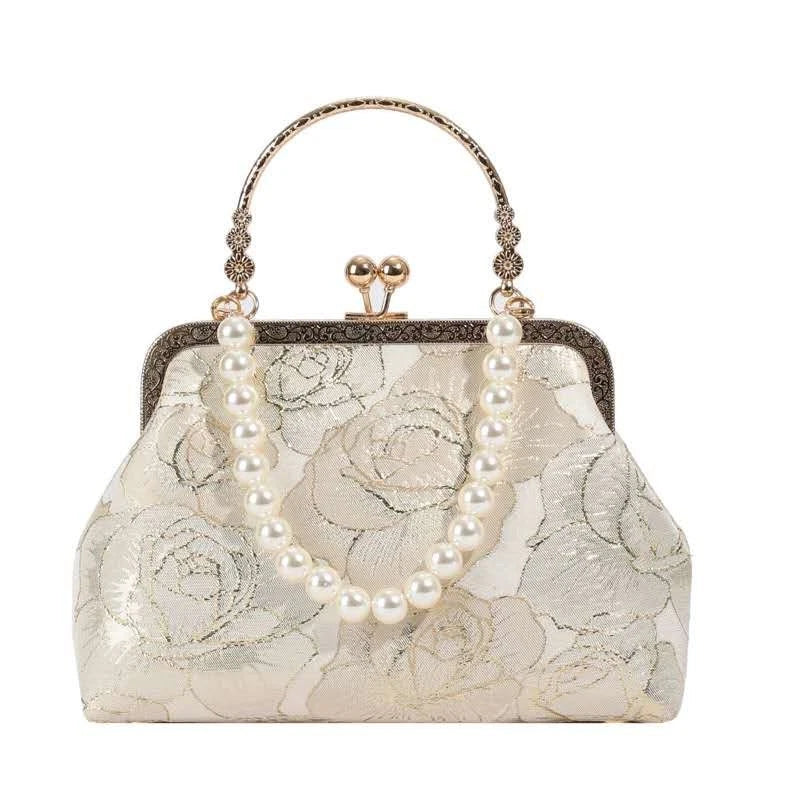 Pochette in broccato di seta floreale bianca, borsa a mano con perle