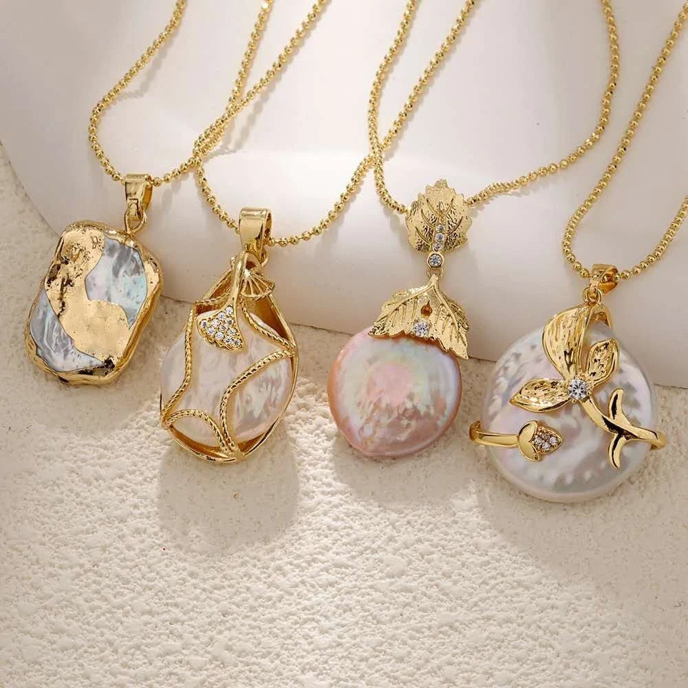 18K gold-plated necklace with natural baroque pearl pendant and real seashell