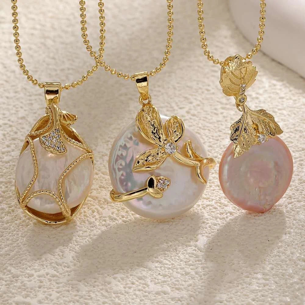 18K gold-plated necklace with natural baroque pearl pendant and real seashell