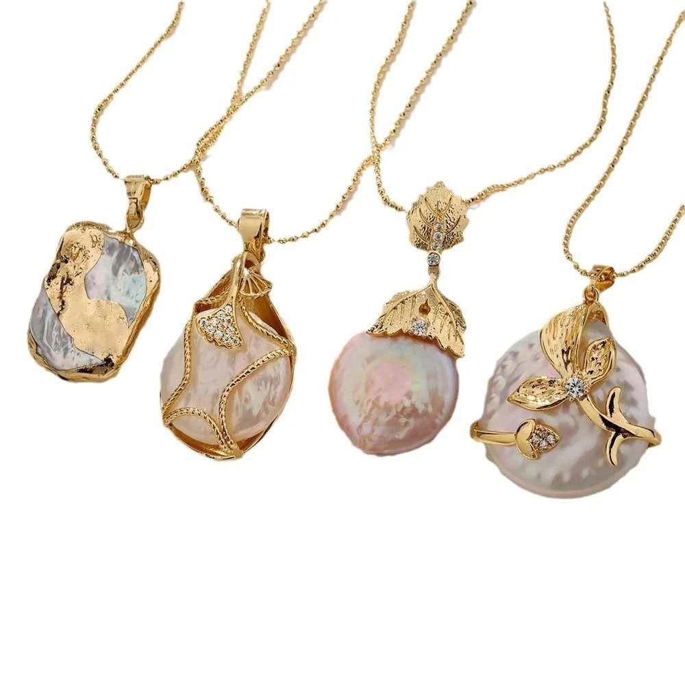 18K gold-plated necklace with natural baroque pearl pendant and real seashell
