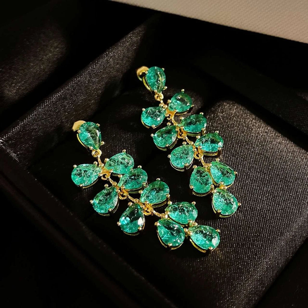 Peacock green earrings with cracked zircon, grape-shaped pendant (S925 silver needle)