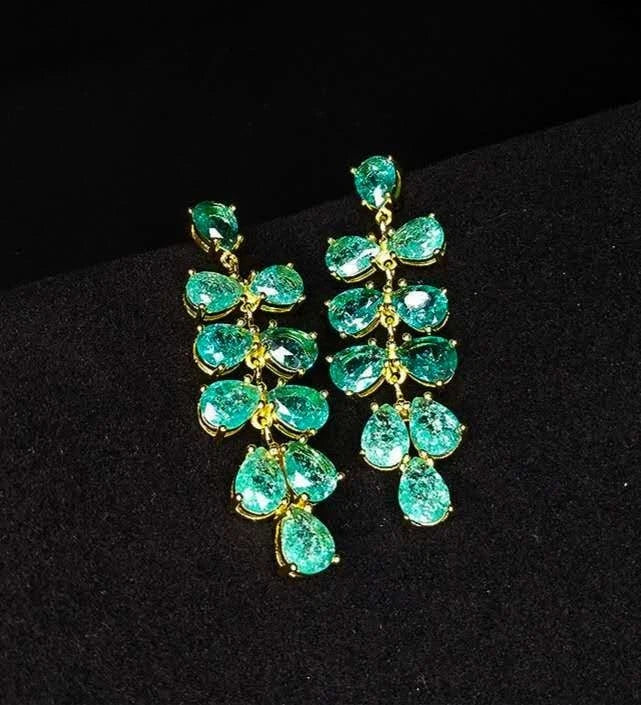 Peacock green earrings with cracked zircon, grape-shaped pendant (S925 silver needle)