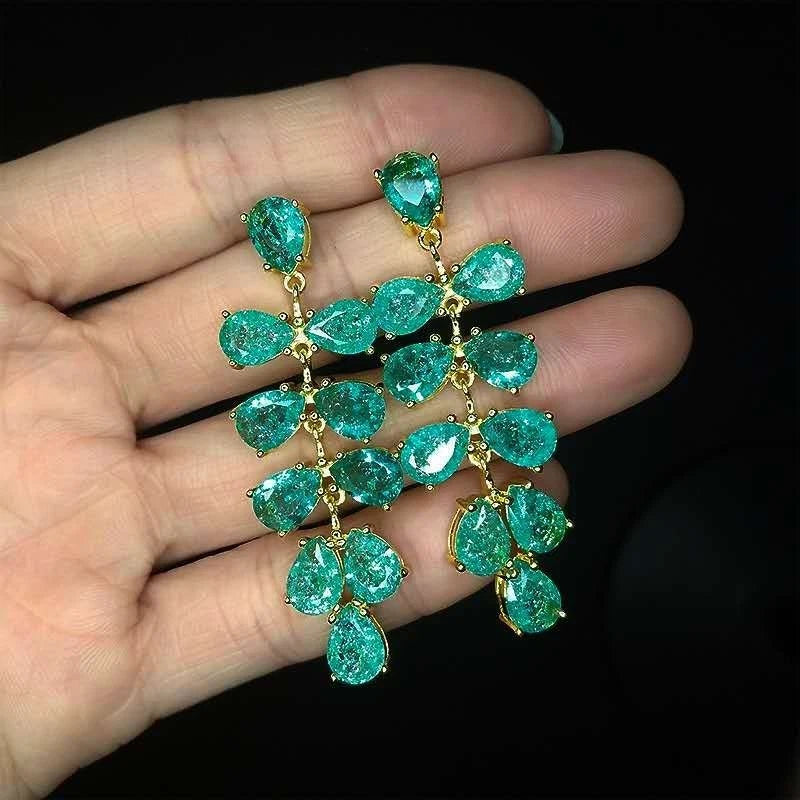 Peacock green earrings with cracked zircon, grape-shaped pendant (S925 silver needle)
