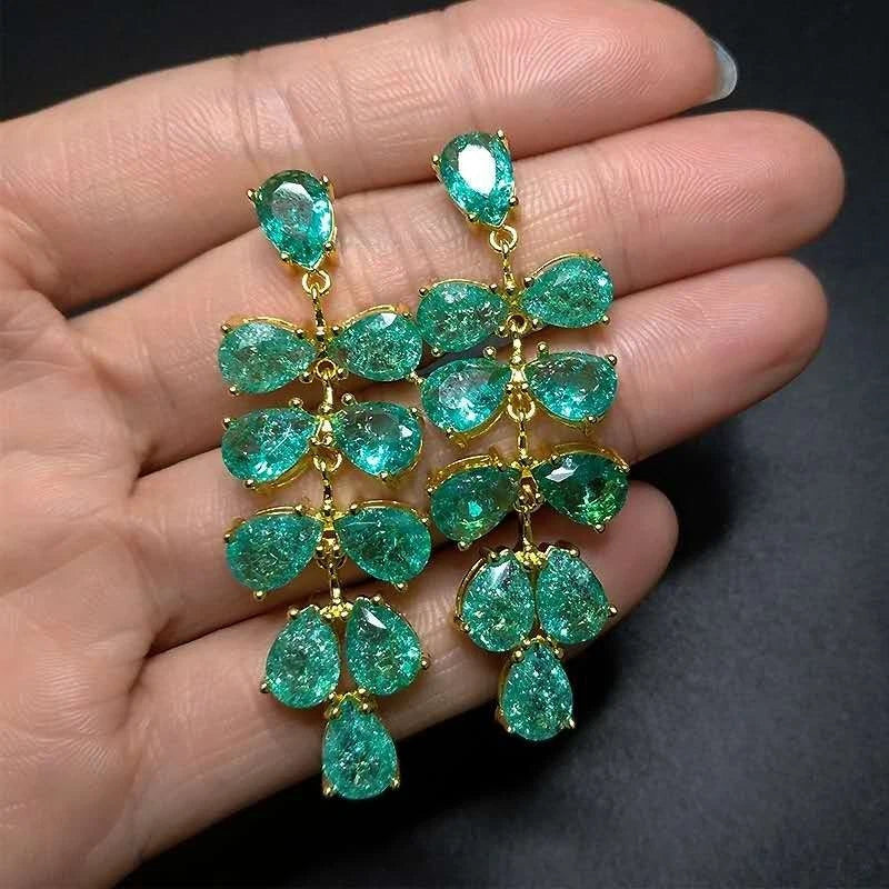 Peacock green earrings with cracked zircon, grape-shaped pendant (S925 silver needle)