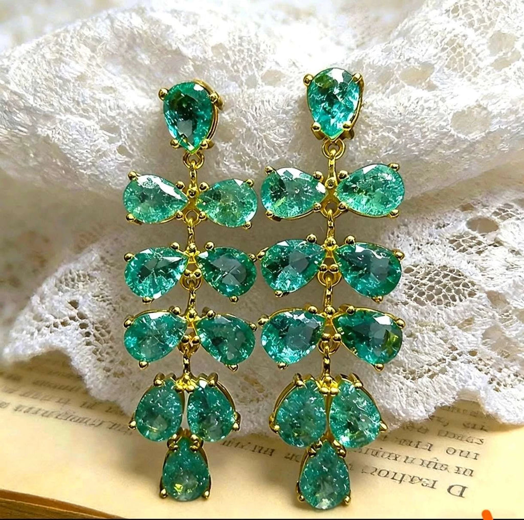 Peacock green earrings with cracked zircon, grape-shaped pendant (S925 silver needle)