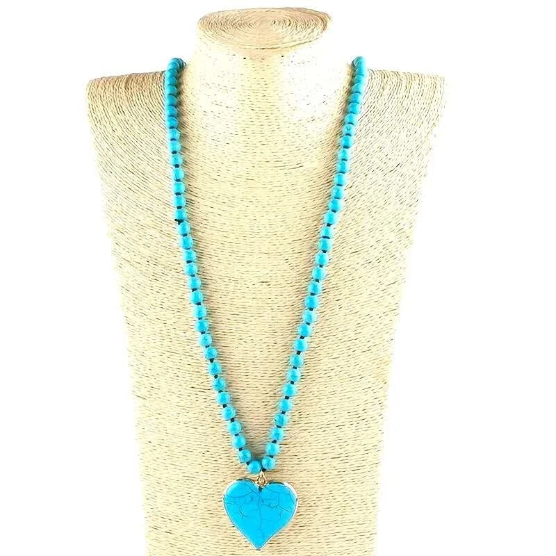 88 CM long natural turquoise stone necklace with heart-shaped pendant