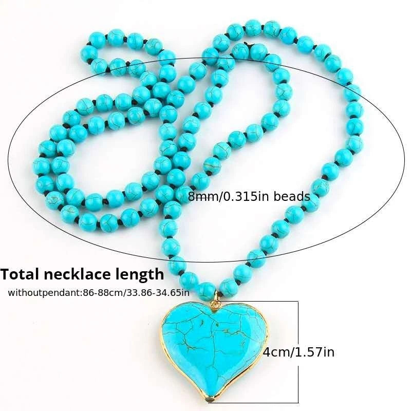 88 CM long natural turquoise stone necklace with heart-shaped pendant