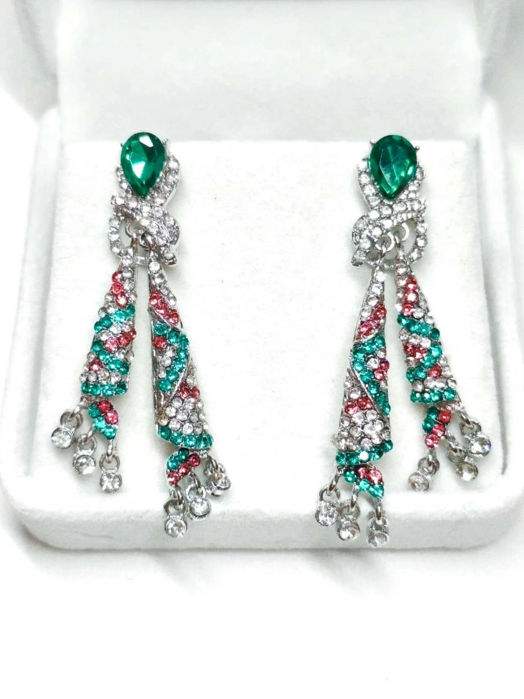Orecchini con Cristalli Multicolore, Verde e Rosso, Plac Arg, Ipoallergenici