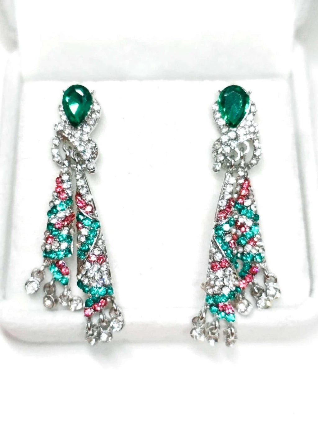 Orecchini con Cristalli Multicolore, Verde e Rosso, Plac Arg, Ipoallergenici