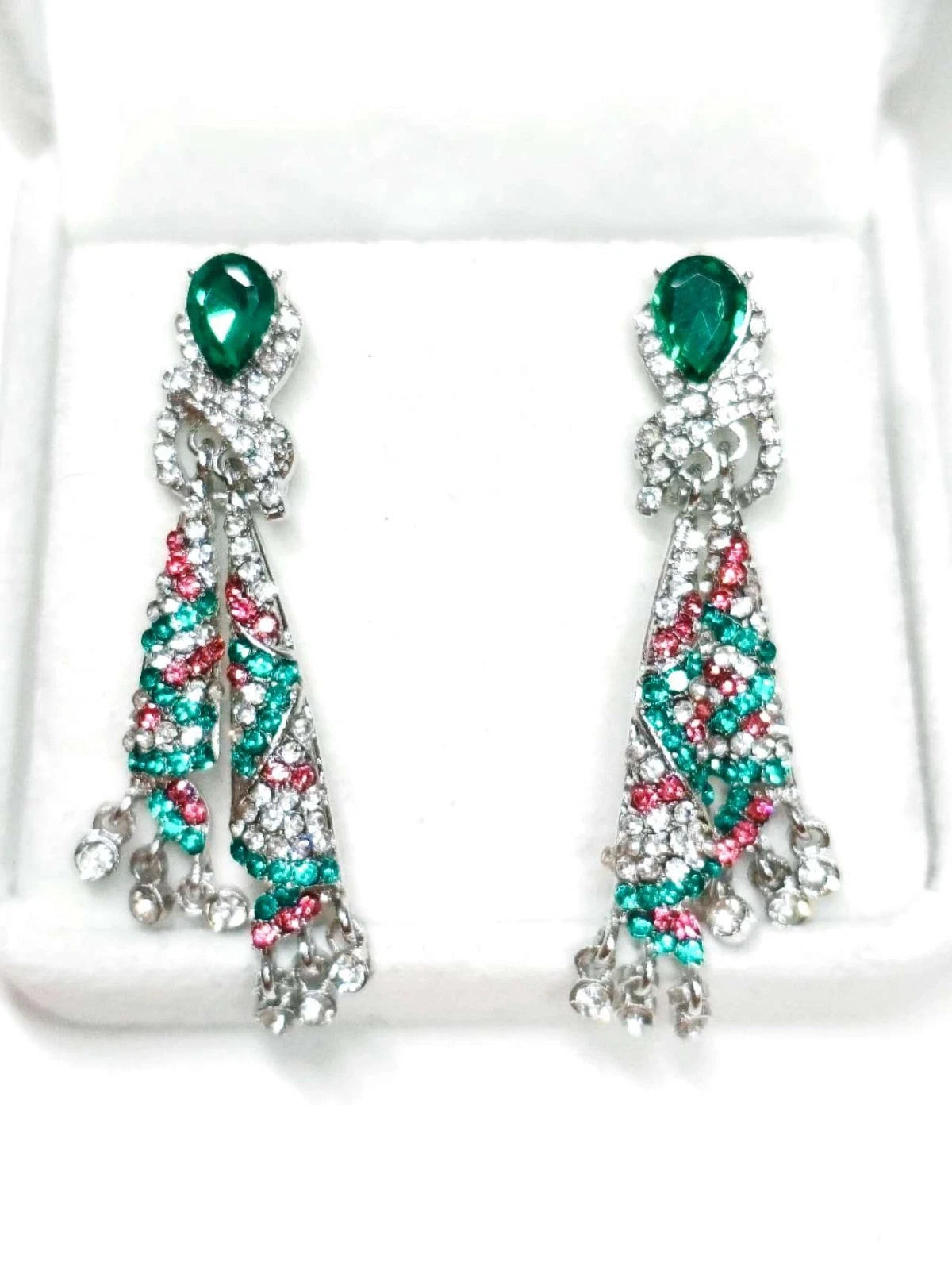 Orecchini con Cristalli Multicolore, Verde e Rosso, Plac Arg, Ipoallergenici