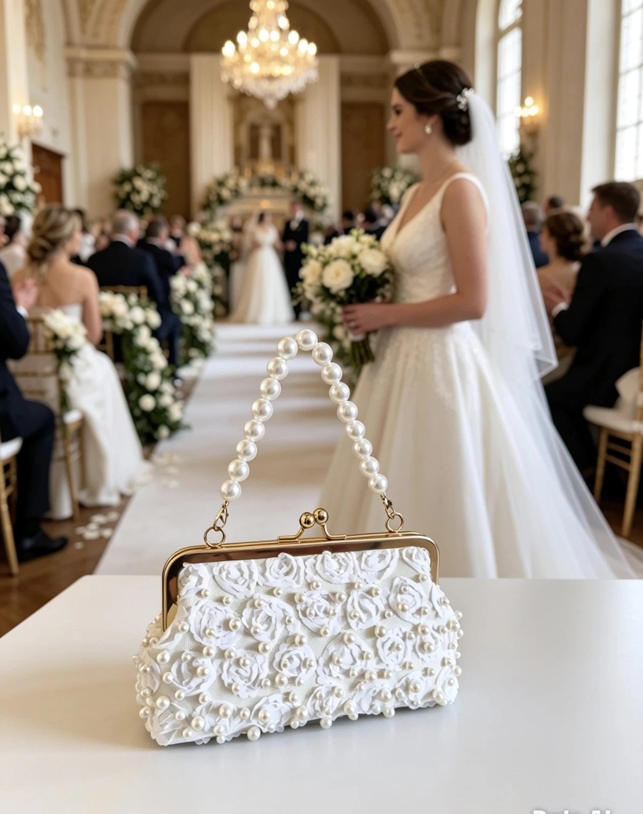 Weiße Clutch Bestickung 3D Rosen Perle Griff Perle Goldene Schlangenkette abnehmbar