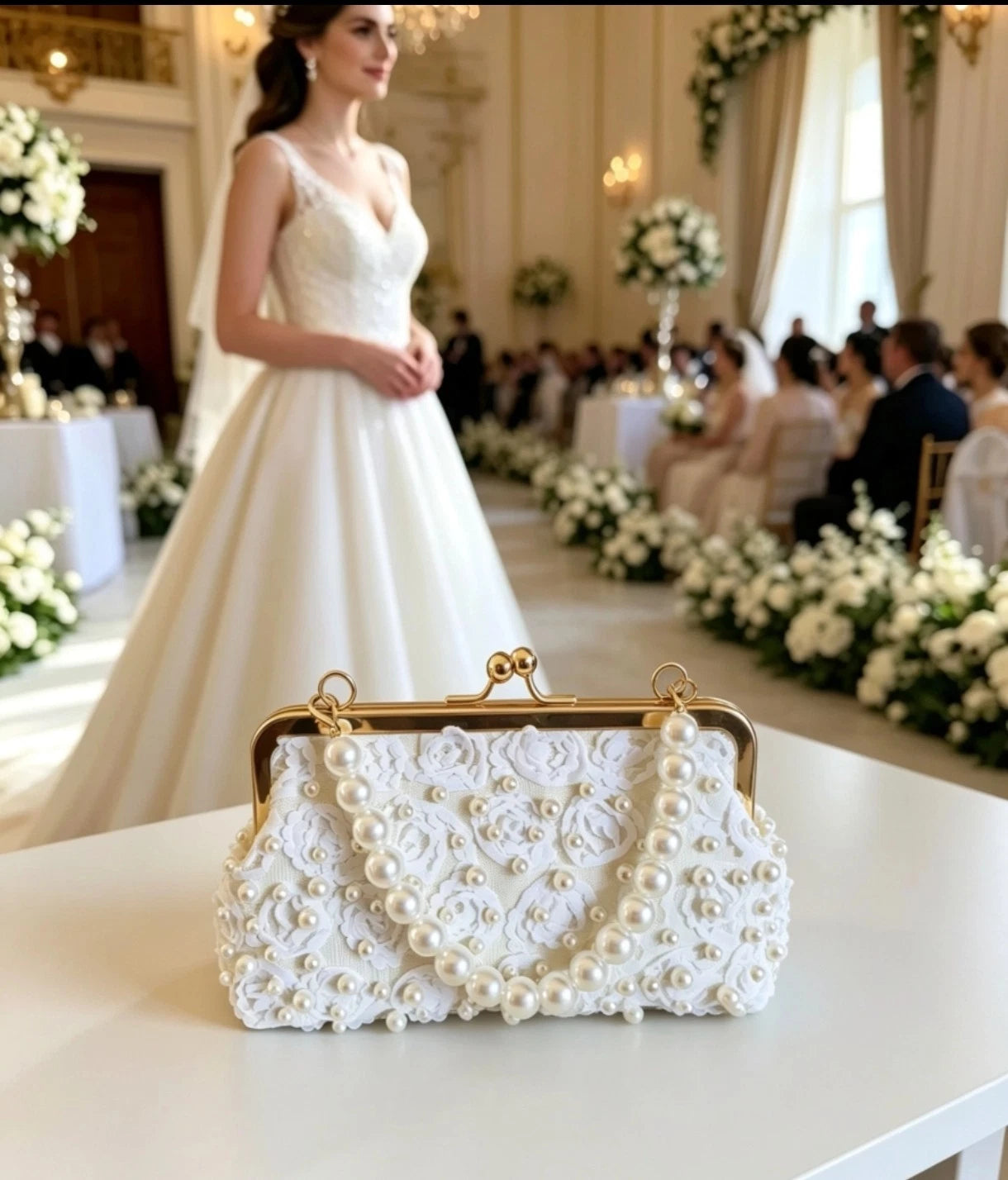 Weiße Clutch Bestickung 3D Rosen Perle Griff Perle Goldene Schlangenkette abnehmbar