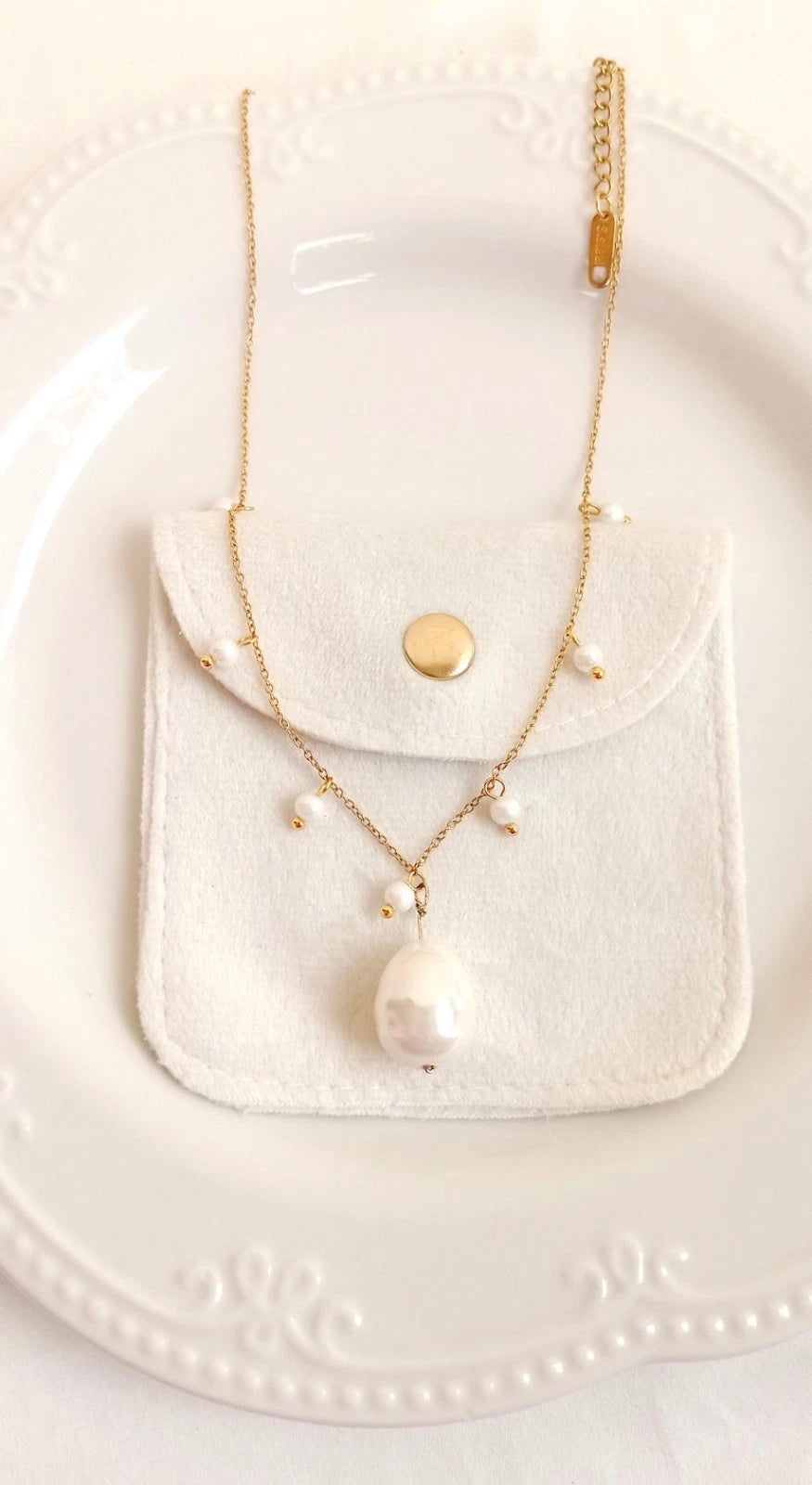Collana Acciaio perla naturale, girocollo placcato oro stile francese