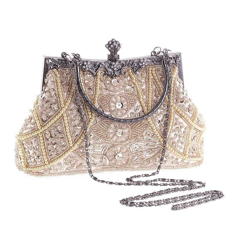 Pochette da sera artigianale con perline e cristalli "Fiori Dorati"