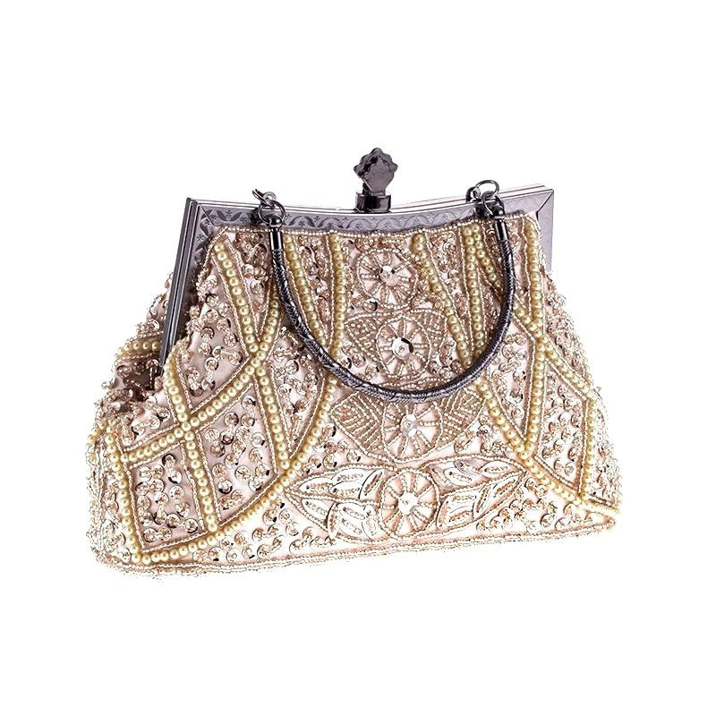 Pochette da sera artigianale con perline e cristalli "Fiori Dorati"