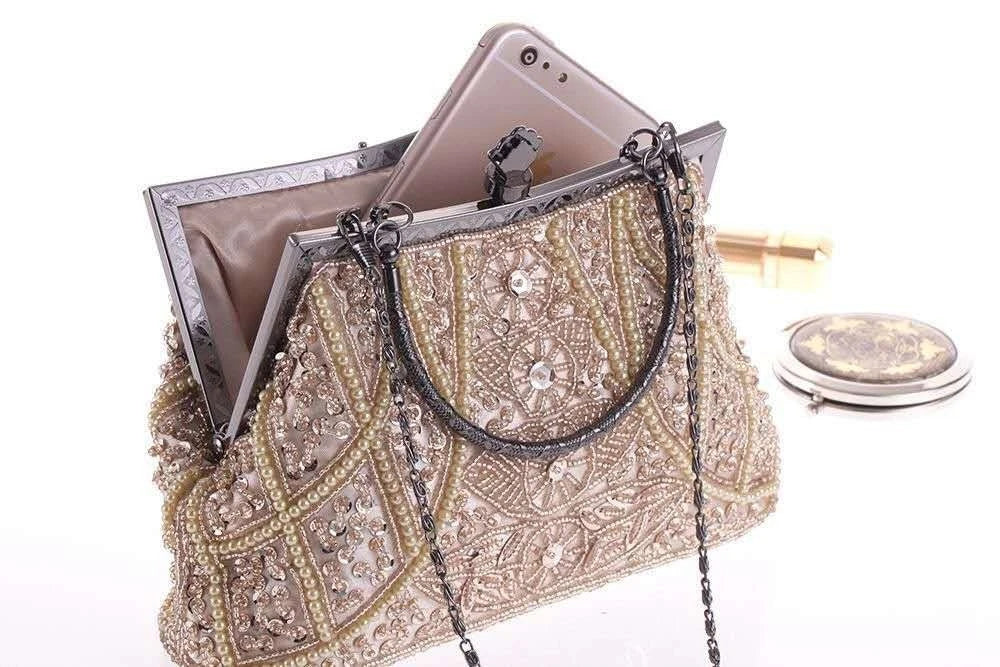 Pochette da sera artigianale con perline e cristalli "Fiori Dorati"
