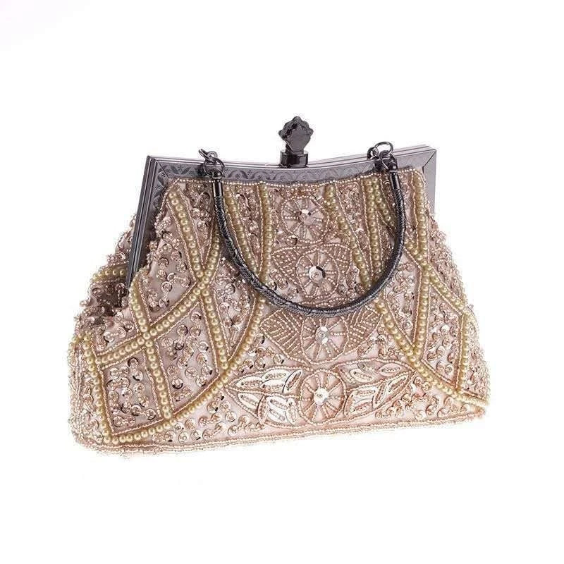 Handgemachte Abendtasche mit Perlen und Kristallen "Goldene Blumen"