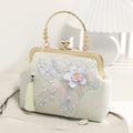 Seidentäschchen mit floraler Pastellstickerei, Handtasche mit Perlen und Quaste