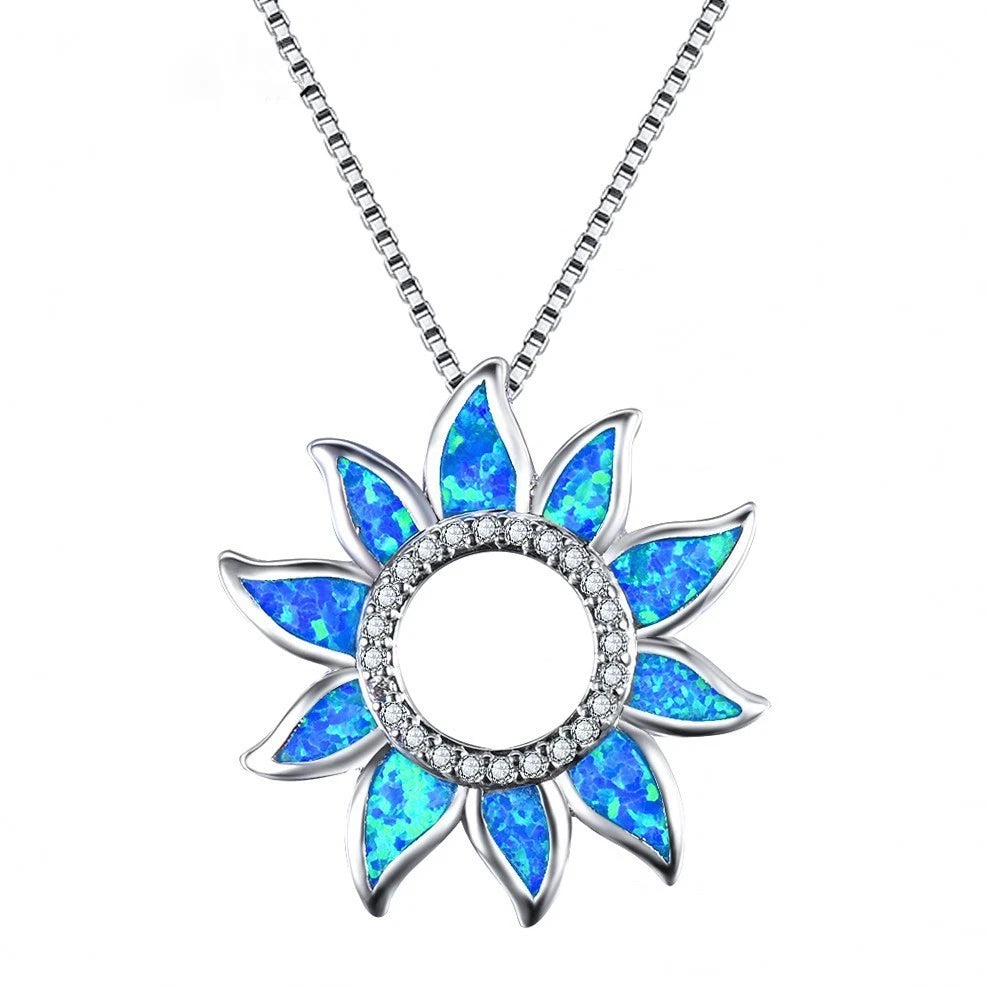Collana con ciondolo a raggi sole in opale blu, gioielli floreali placcati argento