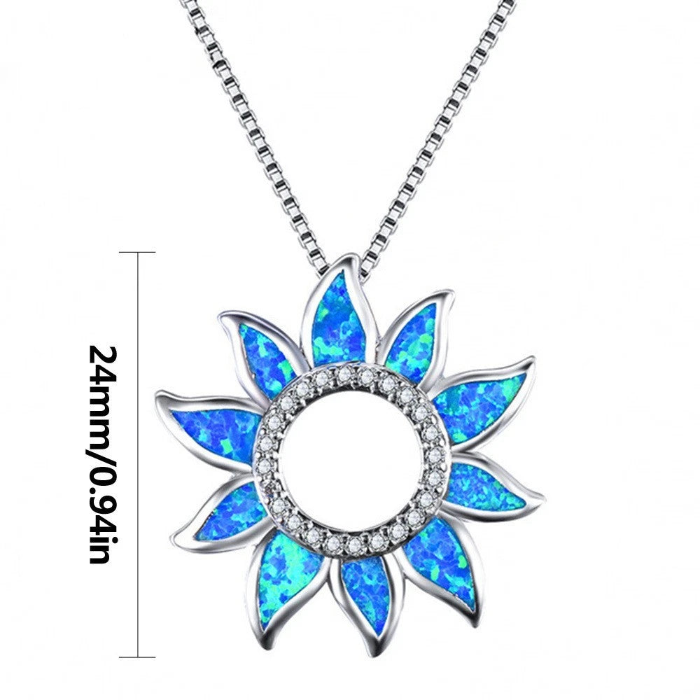 Collana con ciondolo a raggi sole in opale blu, gioielli floreali placcati argento