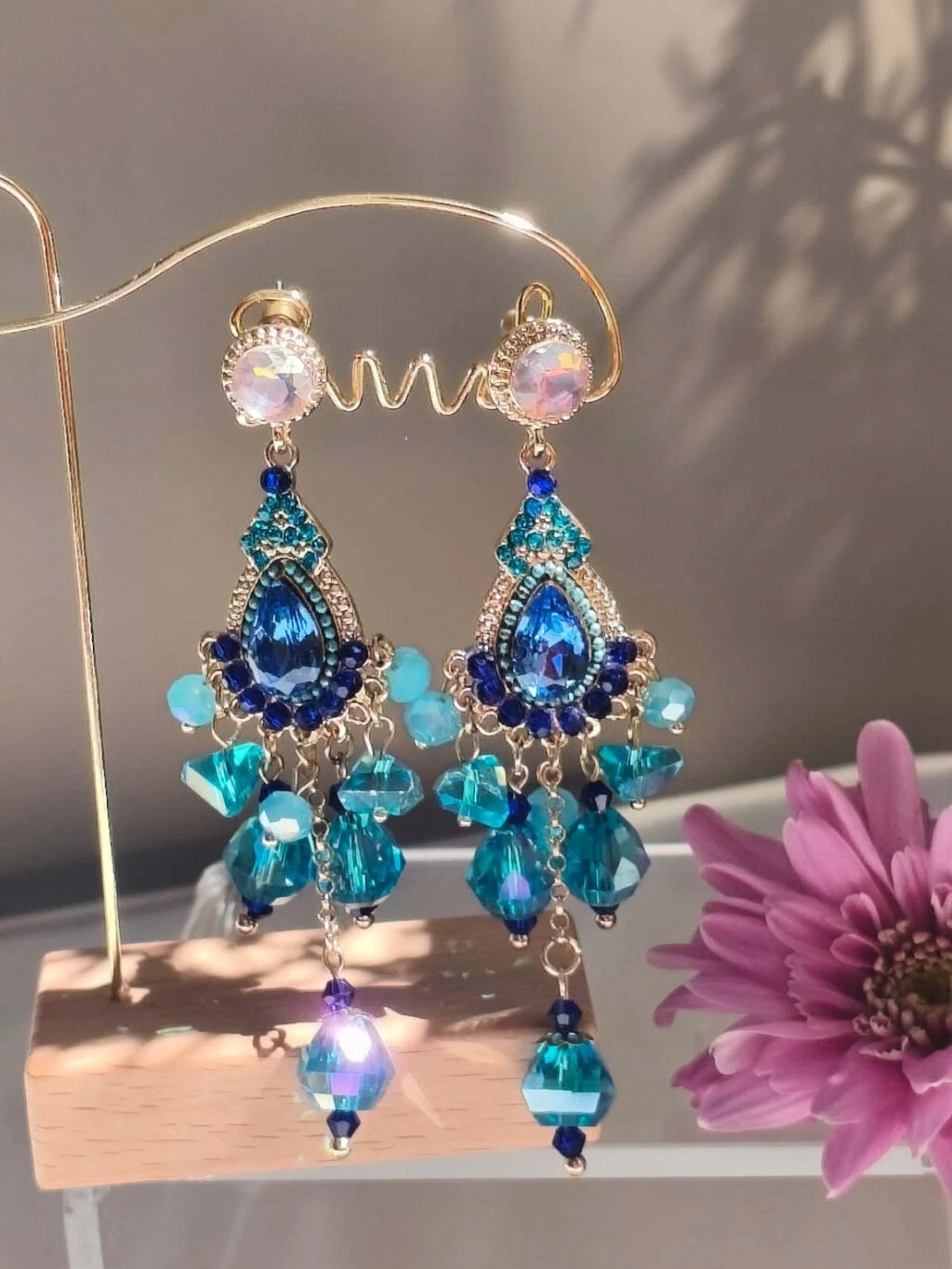Boho-style blue crystal chandelier earrings, gold-plated with cubic zirconia