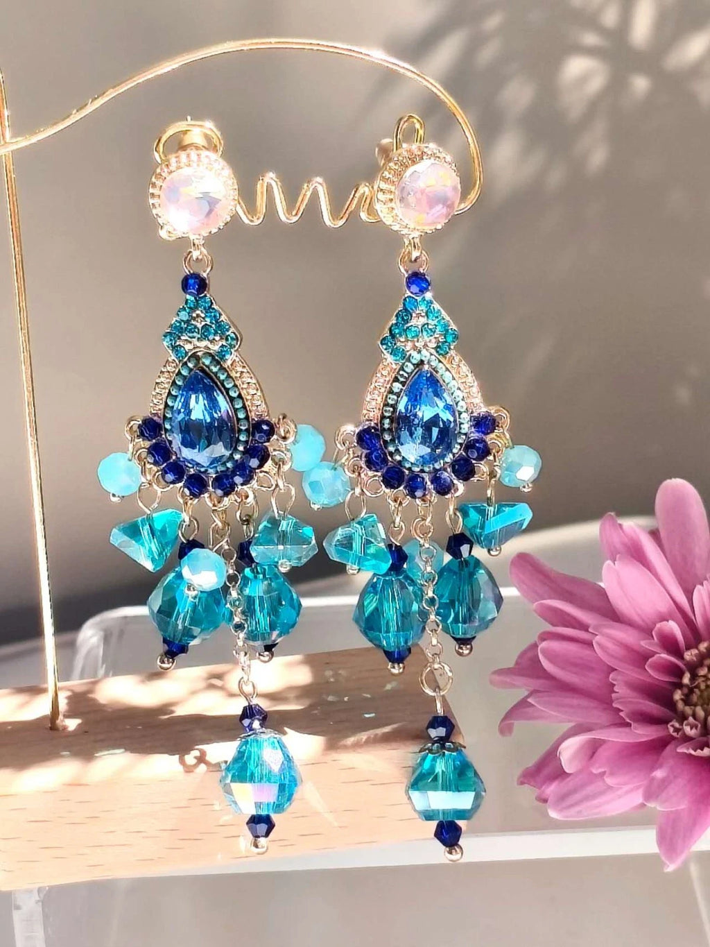 Boho-style blue crystal chandelier earrings, gold-plated with cubic zirconia