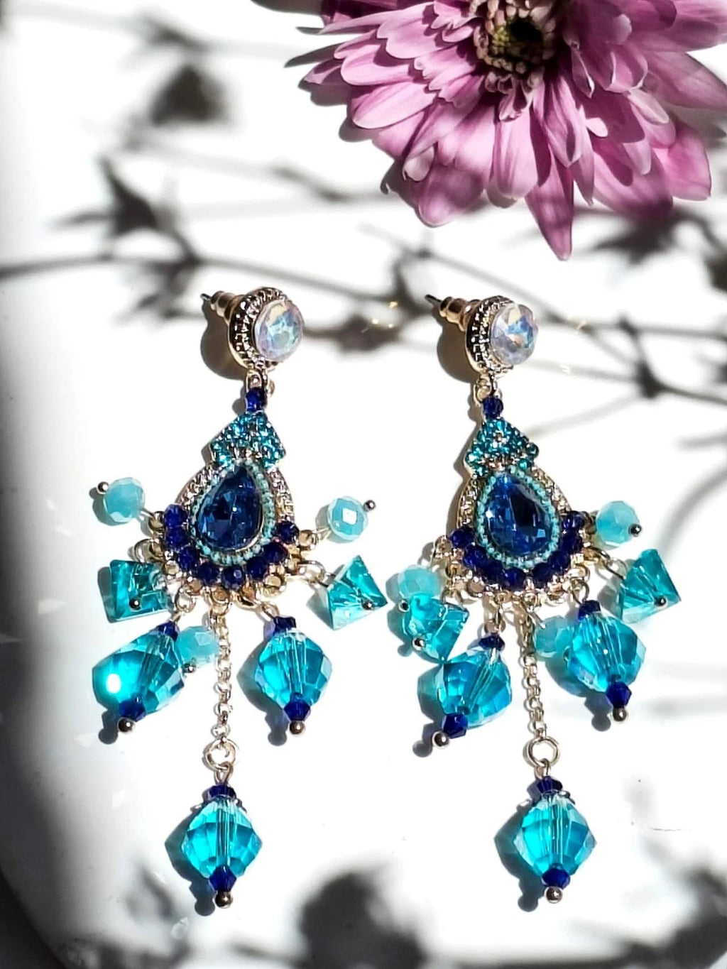 Boho-style blue crystal chandelier earrings, gold-plated with cubic zirconia