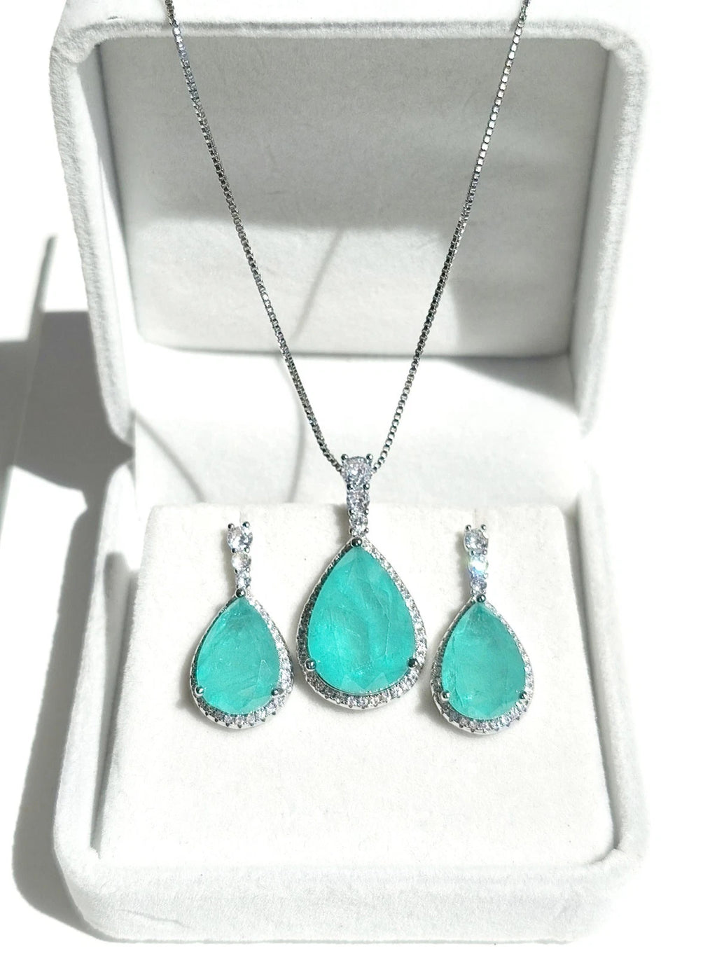Silver Plated Neon Blue Paraiba Style Zircon Necklace and Earrings Set