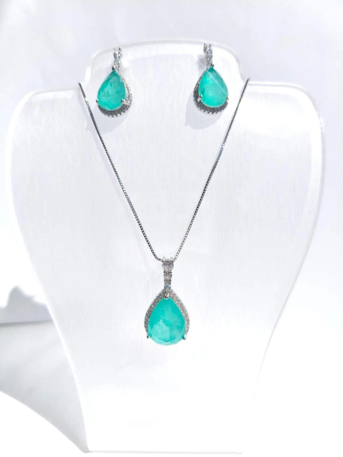 Silver Plated Neon Blue Paraiba Style Zircon Necklace and Earrings Set