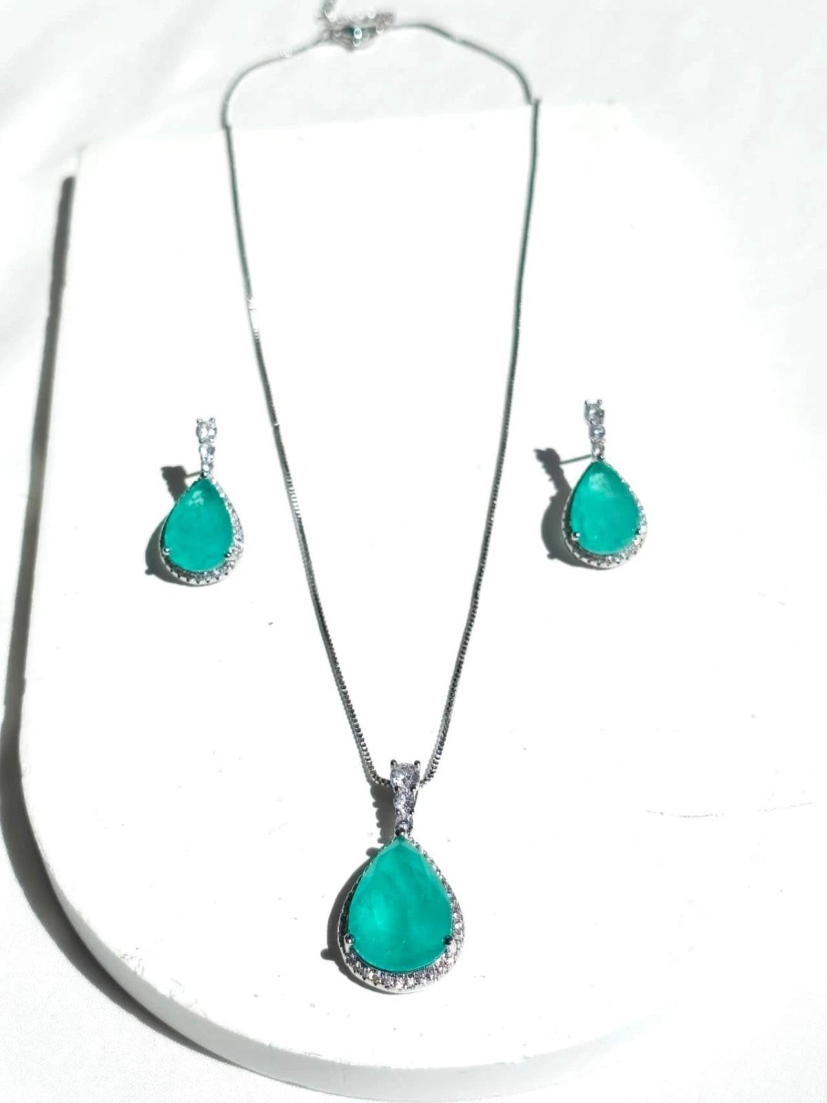 Silver Plated Neon Blue Paraiba Style Zircon Necklace and Earrings Set