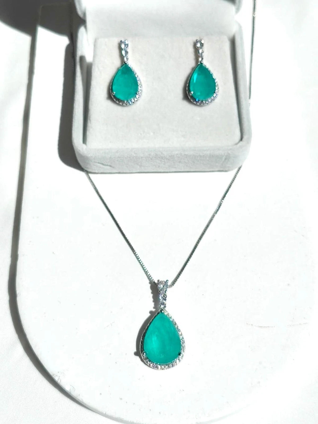 Silver Plated Neon Blue Paraiba Style Zircon Necklace and Earrings Set